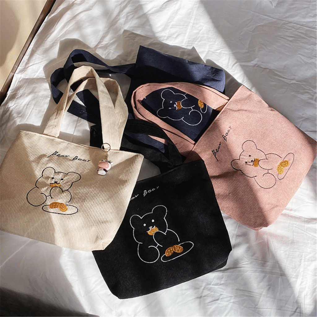 Soft Corduroy Bear Shoulder Tote Bag