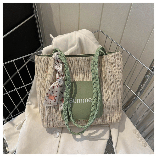 Contrast Color Woven Fashion Silk Scarf Commuter Bag - Image 2