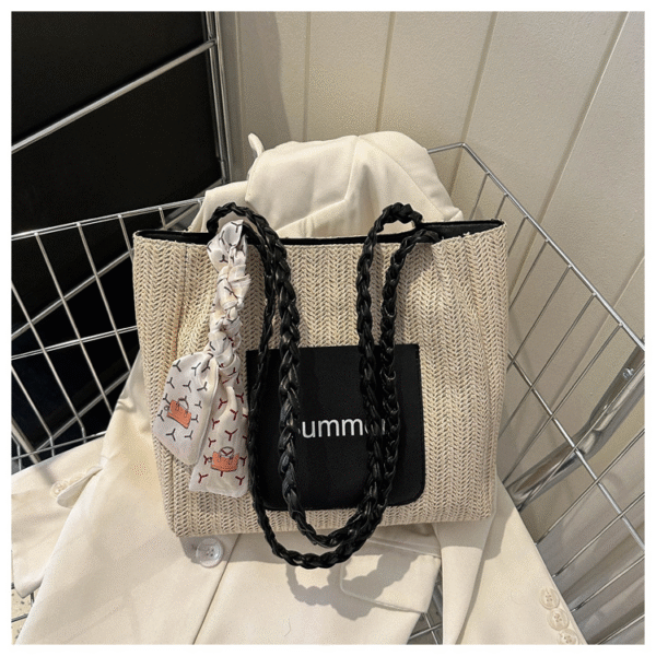 Contrast Color Woven Fashion Silk Scarf Commuter Bag - Image 5