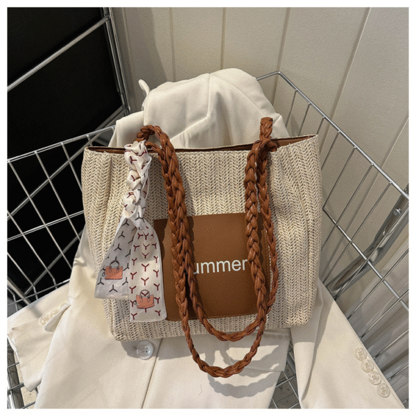 Contrast Color Woven Fashion Silk Scarf Commuter Bag - Image 6